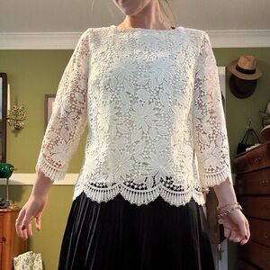 Talbots Cream Floral Lace Blouse | 3/4 Sleeve Dressy Top | Size Small